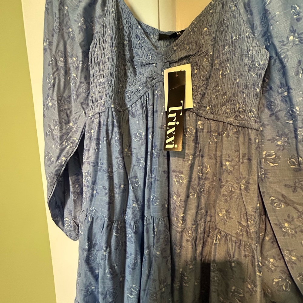 Trixxi Dusty Blue Floral Smocked Tiered Dress